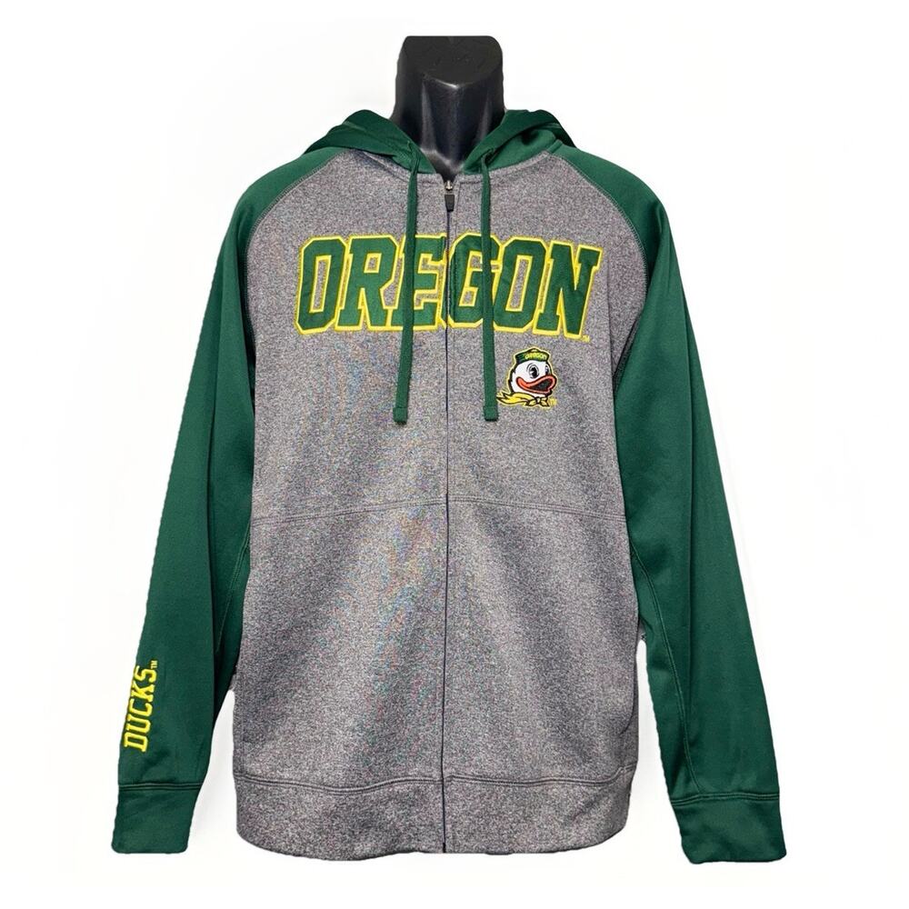 Champion Elite Men's MED Oregon Ducks Full Zip Hoodie Jacket Gray Green Appliqué